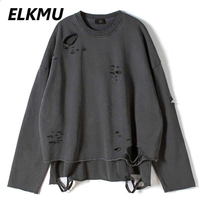 ELKMU Vintage Streetwear Hole Sweatshirt Men Fashion Autumn Two Layers Pullover Solid Color Harajuku Cotton Tops Oversized 240812
