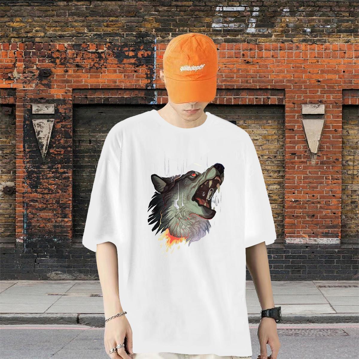 2024 Designer Tshirts wolf Casual 230g 100% Cotton Clothings Breathable Crew Neck Loose Fit T shirt Custom Print Oversized
