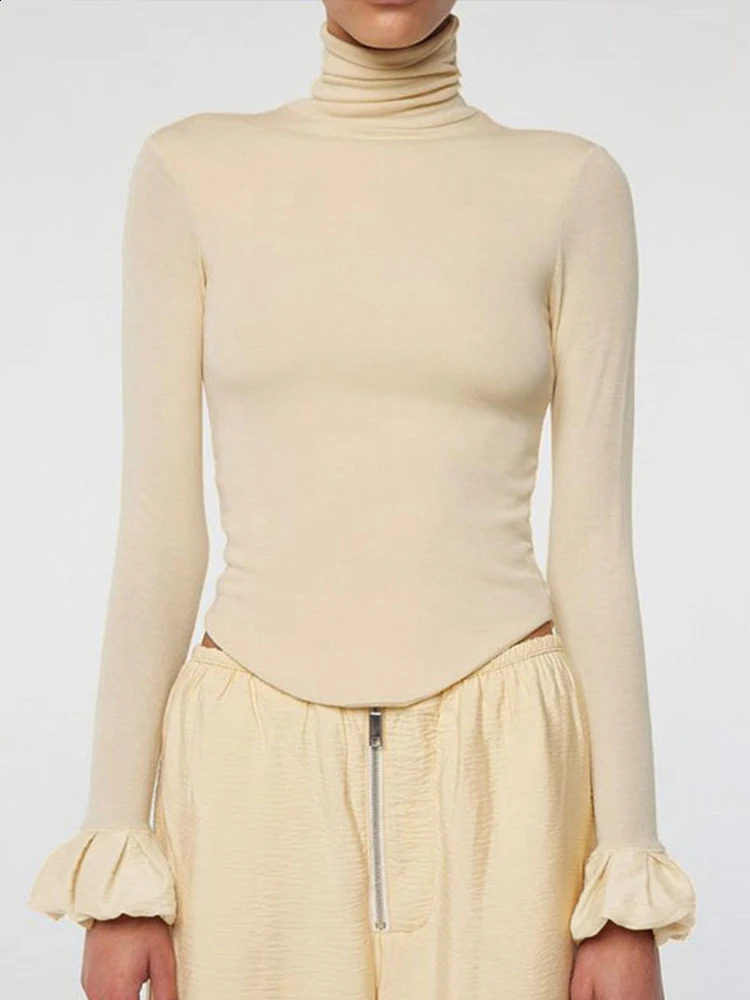 High neck knitted floral womens elegant sweater long sleeved pleated cuffs short minimalist slim fit top 240812