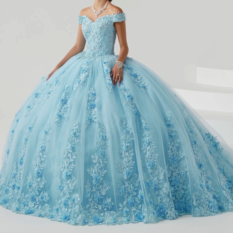 Quinceanera Dress Ball Gown Off The Shoulder 3D ral Applique Beaded Crystals Tull Sweet 16 Vestidos De XV 15 Anos