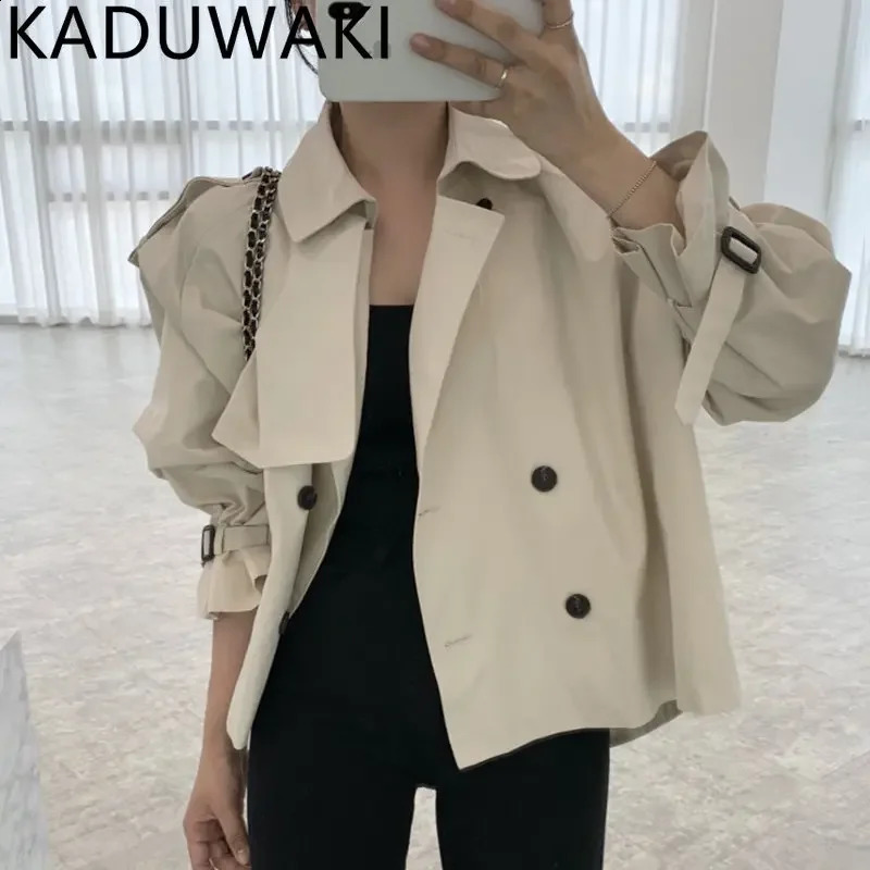 Korean Double Breasted Loose Short Long Sleeve Trench Coat Women Simple Retro Spring 2024 Jackets Fashion Streetwear Windbreaker 240813