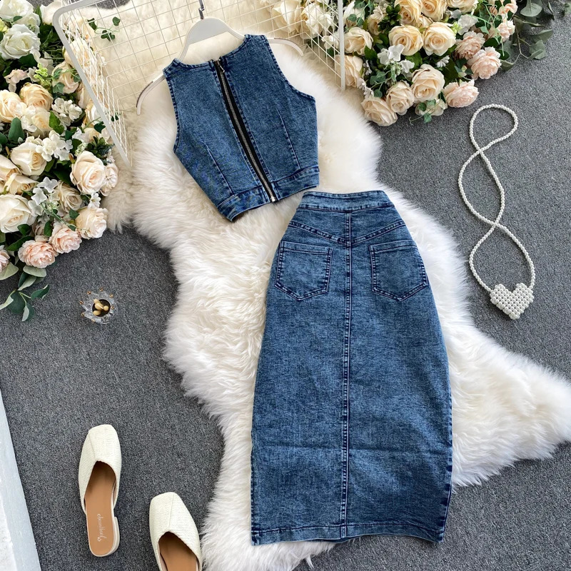 Amolapha Women Denim VestSkirts Sets Sleeveless Straps TopsJean Skirt Suit Outfits 240812