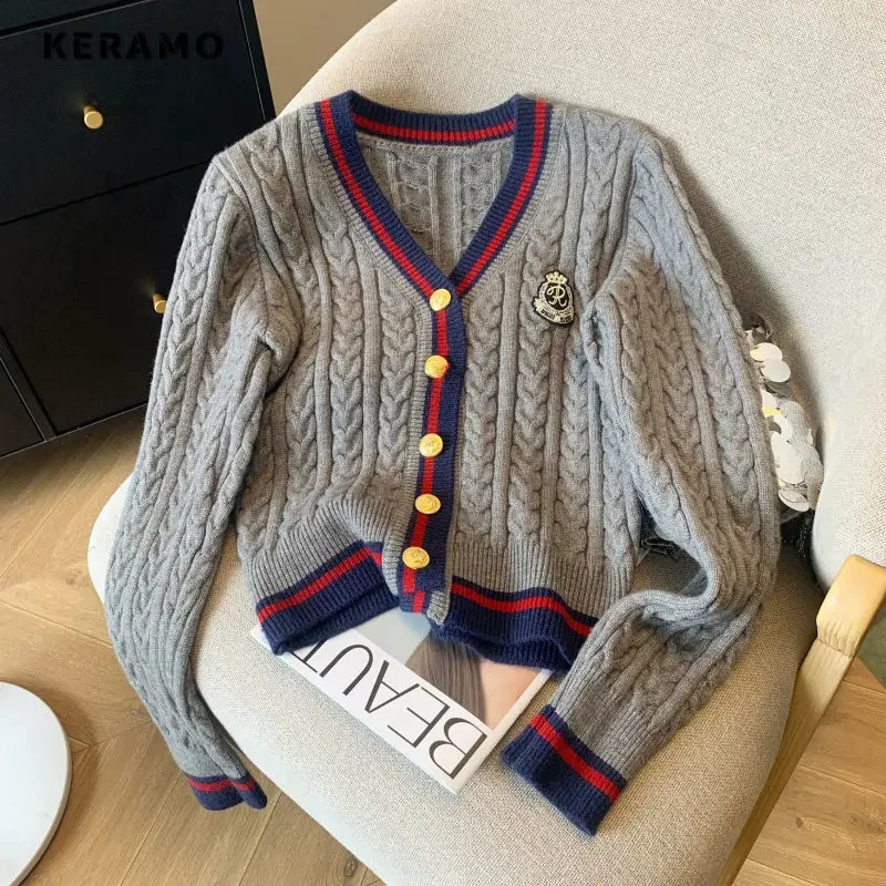 Autumn Winter Preppy Style V-Neck Knitting Long Sleeve Cardigan Women Casual Appliques Single Breasted Female Loose Sweater 240812
