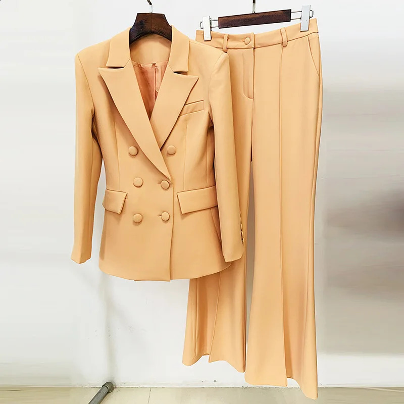 Brown khaki pantyhose womens double chest slim fit office suit business jacket flash pants set twopiece 240812