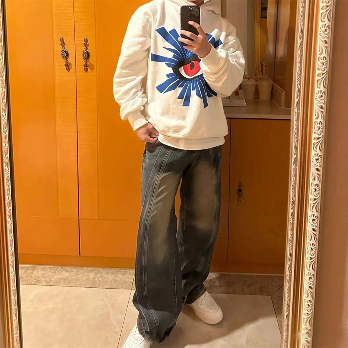 Yao888 House of Errors 100 Cotton foam Printing Fashion Oversized Street Retro Sweatshirt y2K Mens Hoodie 240807