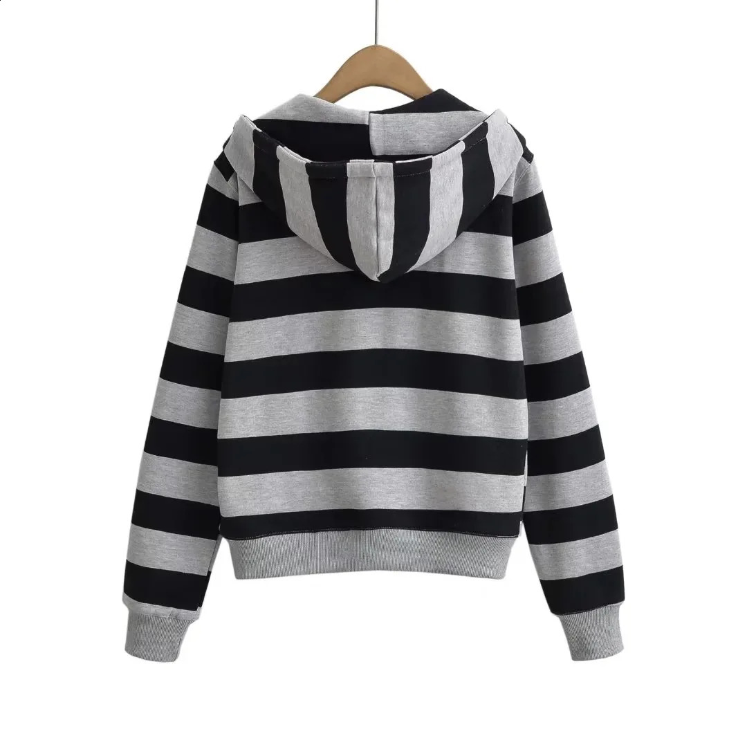Women Long Sleeve Open Zipper Loose Hoodies Casual Sweats Black Navy Autumn Winter Harajuku Contrast Striped Hooded Sweatshirt 240812