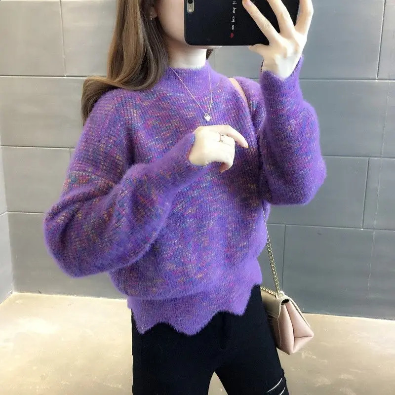 Women Winter Korean Half High Neck Pullover Mink Plush Sweater Trendy Jacquard Knit Bottom Shirt Warm Loose Long Sleeve Tops 240812