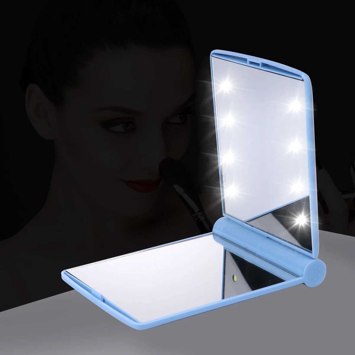 Folding LED vanity mirror double-sided makeup folding small wallet hand-held portable pocket blue W240813