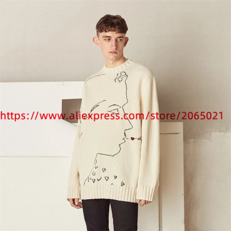 fw RAF SIMONS Outline Line Beige Figure Round Neck Sweater For Men Women Quality Knit Casual Sweatshirts 240813