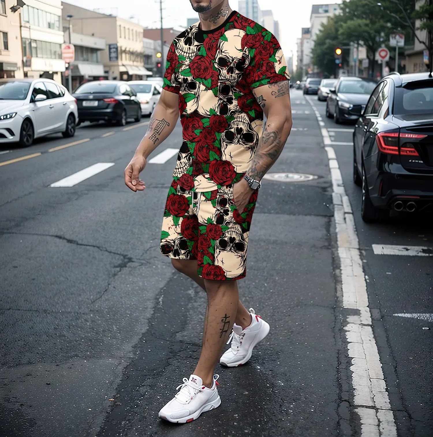 3D Skull Rose Printed Mens Sportswear Short sleeved T-shirt and Sports Shorts Summer Casual Jogging Pants Set Two Piece Set 240813