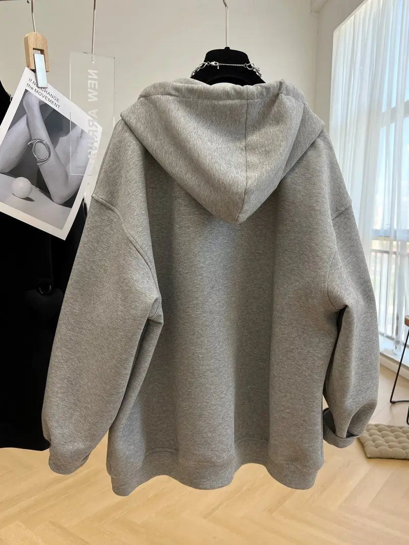 3XL Hoodies Women Zip Up Oversize Ins Solid Color Simple Leisure Korean Style All-match Warm Coats Autumn Winter Prevalent BF 240812