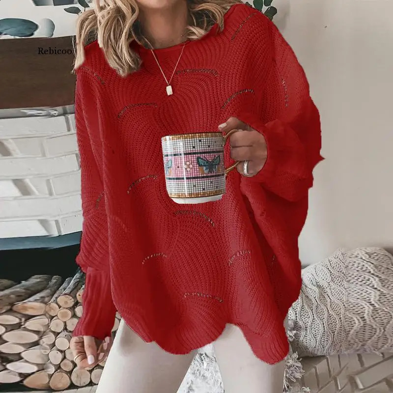 Women Hollow Out Sweater Elegant Spring Autumn Loose S Knitted Pullovers Female Winter Casual o Neck Solid Color Sweaters 240813