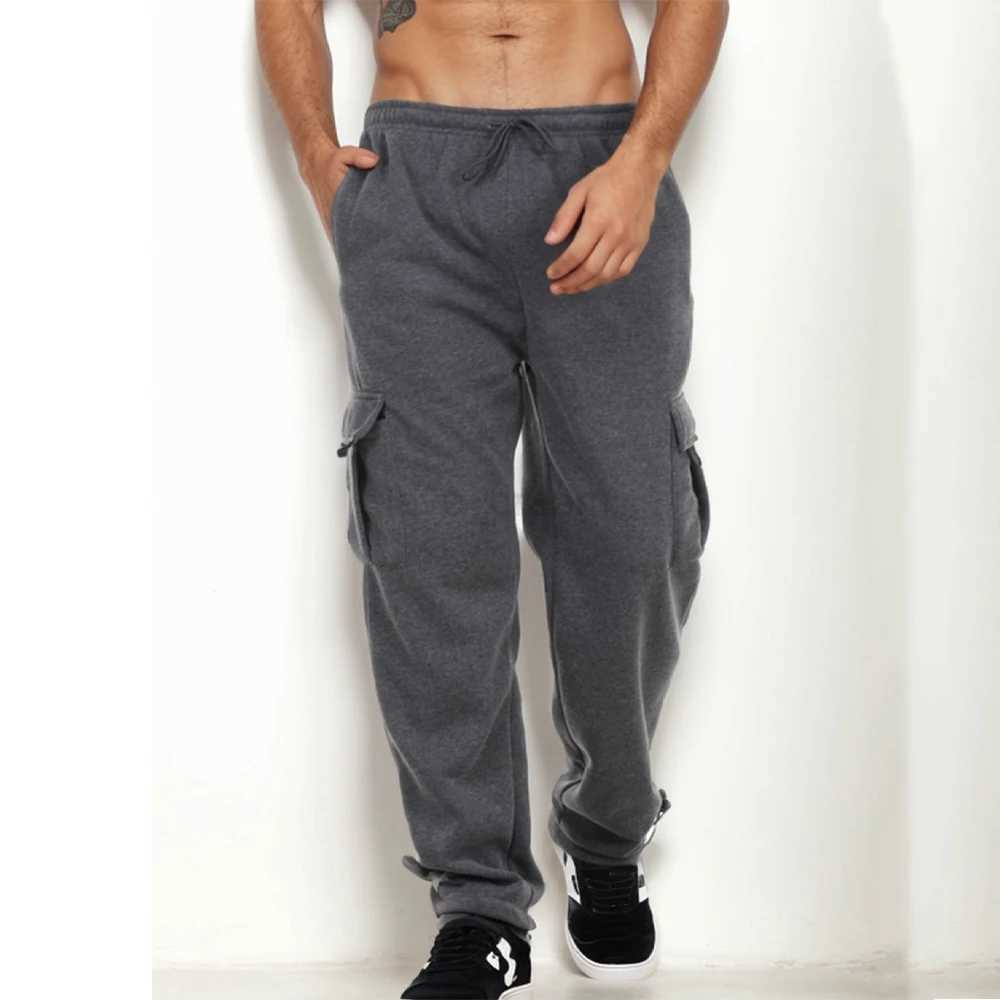 Mens Cargo Sweatpants Straight Fit Joggers Sports Pants Autumn Winter Streetwear Loose Fleece Long Pants Men Multi-pocket PantsXJ240813