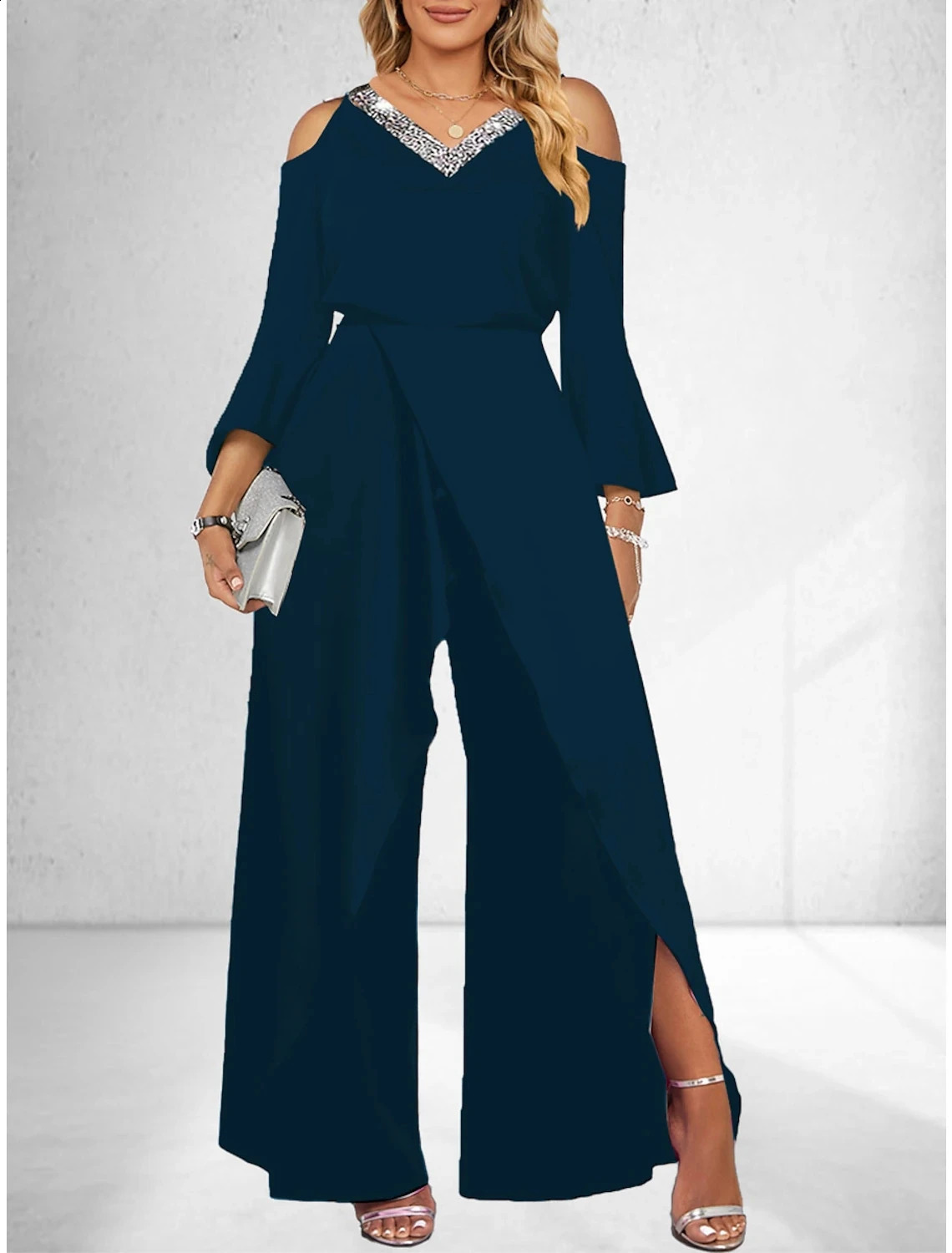 Womens Sequin Solid V Neck Business Elegant Wide Leg Loose Sleeve Bell Sleeve Jumpsuit 240813