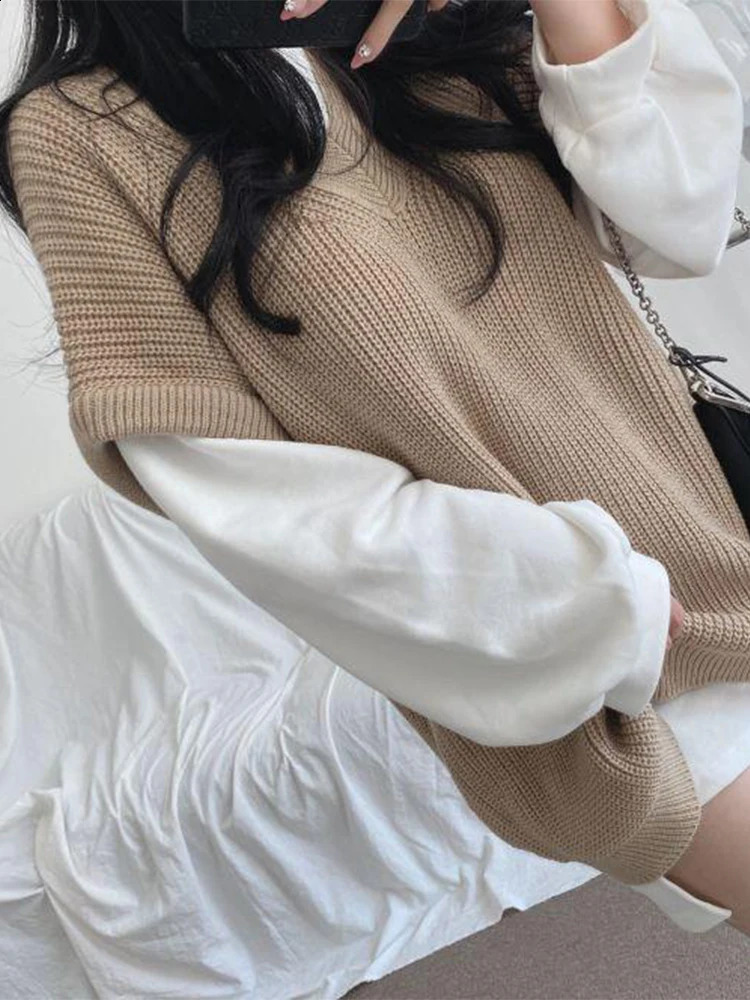 Autumn Winter Vest Women Korean Style Knitted Sweaters Female Oversized Preppy Jumper Ladies Casual Loose Long Sleeve Pullovers 240812