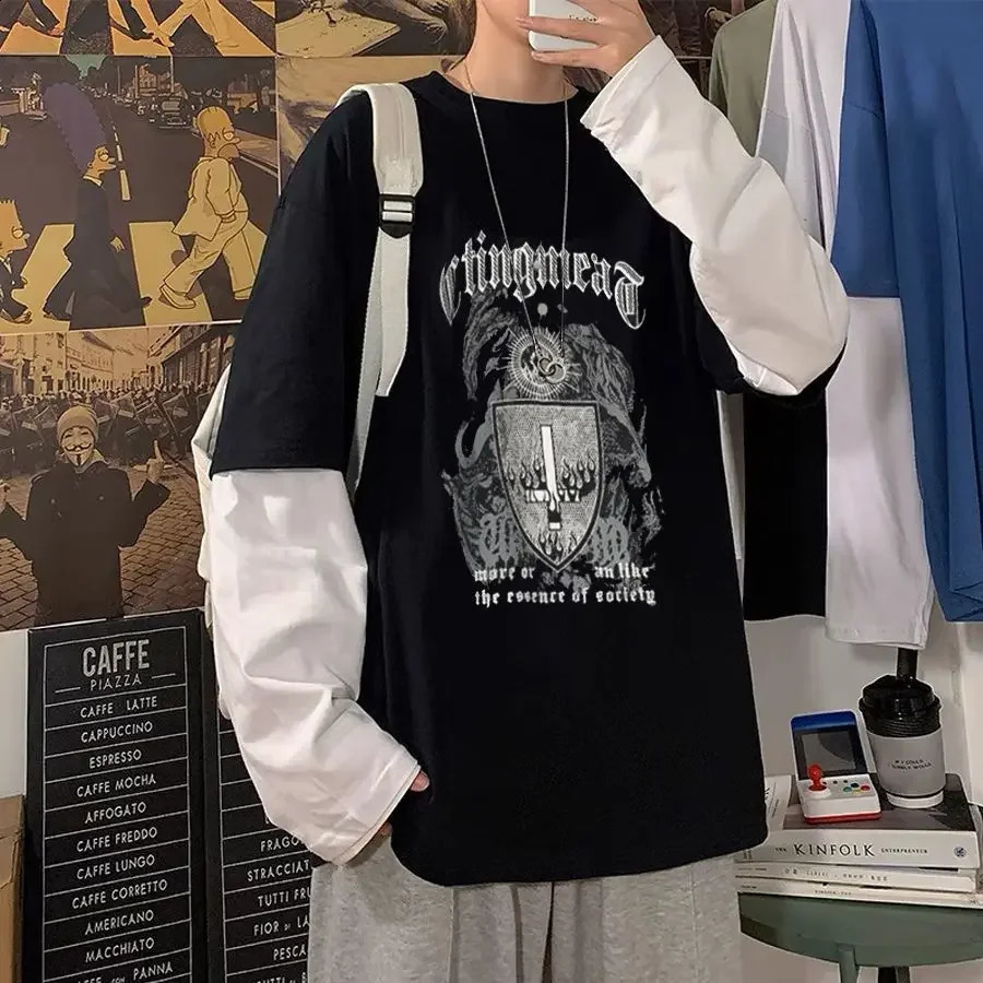 Black cross print long sleeved mens T-shirt autumn retro Y2k street clothing graphic T-shirt 240826
