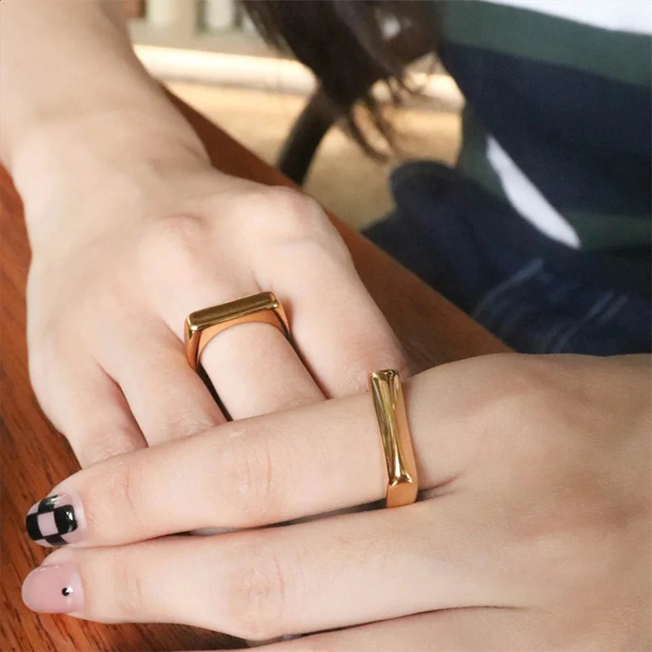 Visunion 10PCS Smooth punk hip hop Ring Gold Color for Women Men Custom Stainless Steel Jewelry Party Birthday Gift Wholesale 240812