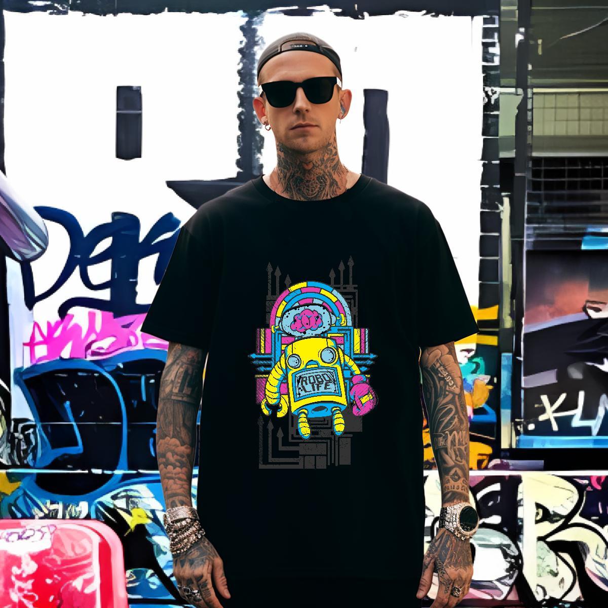 Cool robot T Shirt For Man Daily Outfit Mens Tshirts 230g Pure Cotton DIY O-Neck Short Sleeve Custom Anime Tees Shirts