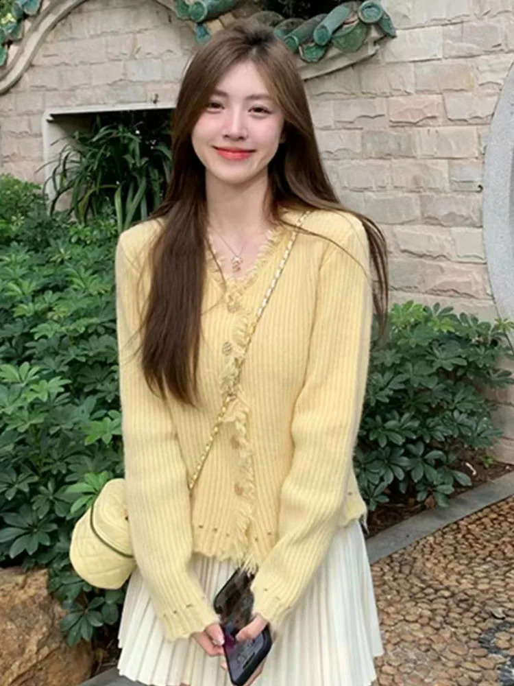 Zoki Tassel Yellow Sweet Cardigan Sweaters Women Casual Vintage Preppy Style Knitted Coat Korean Elegant Long Sleeve Fashion Top 240812