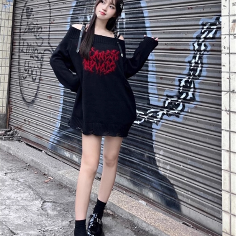 Womens Black Gothic Pullover Knitted Sweater Harajuku Korean Y2k Long Sleeves Jumper Sweaters Vintage 2000s Clothes Autumn 240812