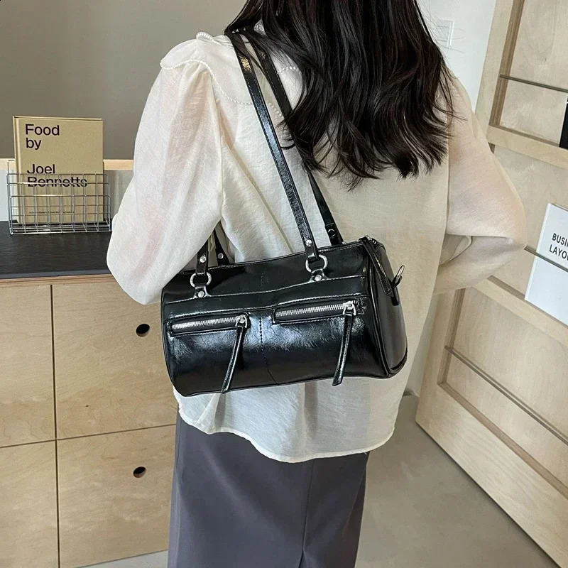 Simple Glossy PU Boston Shoulder Bags Zipper High Quality Classic Crossbody for Women Fashion Versatile 240817