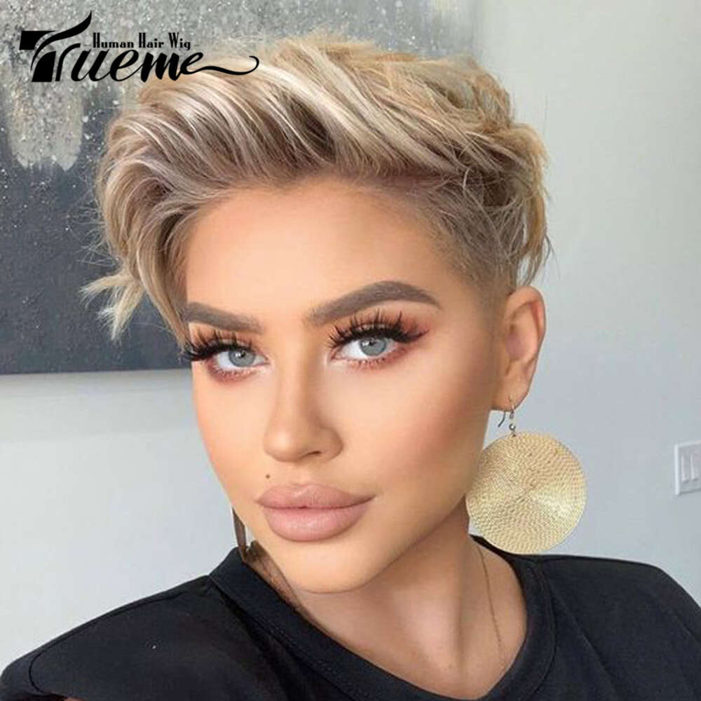 Short Highlight Pixie Brazilian Front Wigs For Women Ombre Blonde Slick Back Human Hair Lace Wig