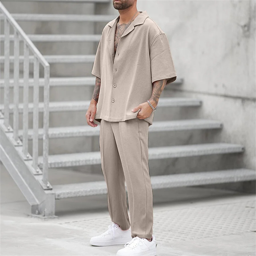 Summer mens 2piece casual short sleeved collared button up shirt and pants set top Trouser Streetwear 240812