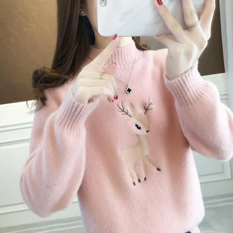 Autumn Winter Womens Fashion Half High Collar Deer Shaped Embroidery Loose Sweaters Casual Versatile Long Sleeve Tops 240812