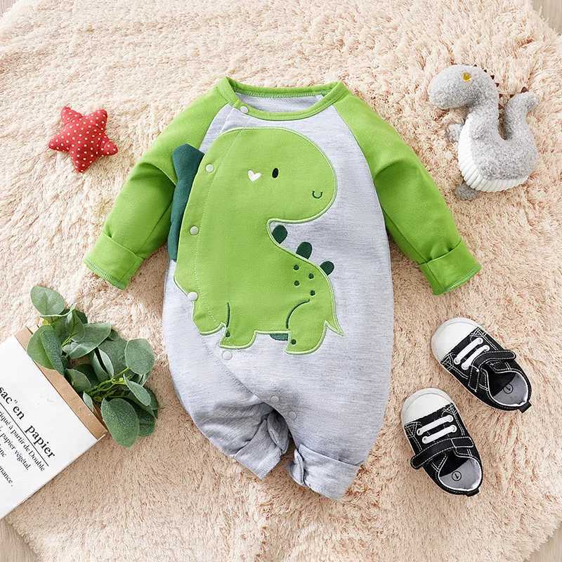 Newborn boy girl toddler clothing jumpsuit casual cute cartoon dinosaur spring and autumn green long sleeved baby jumpsuit W240812
