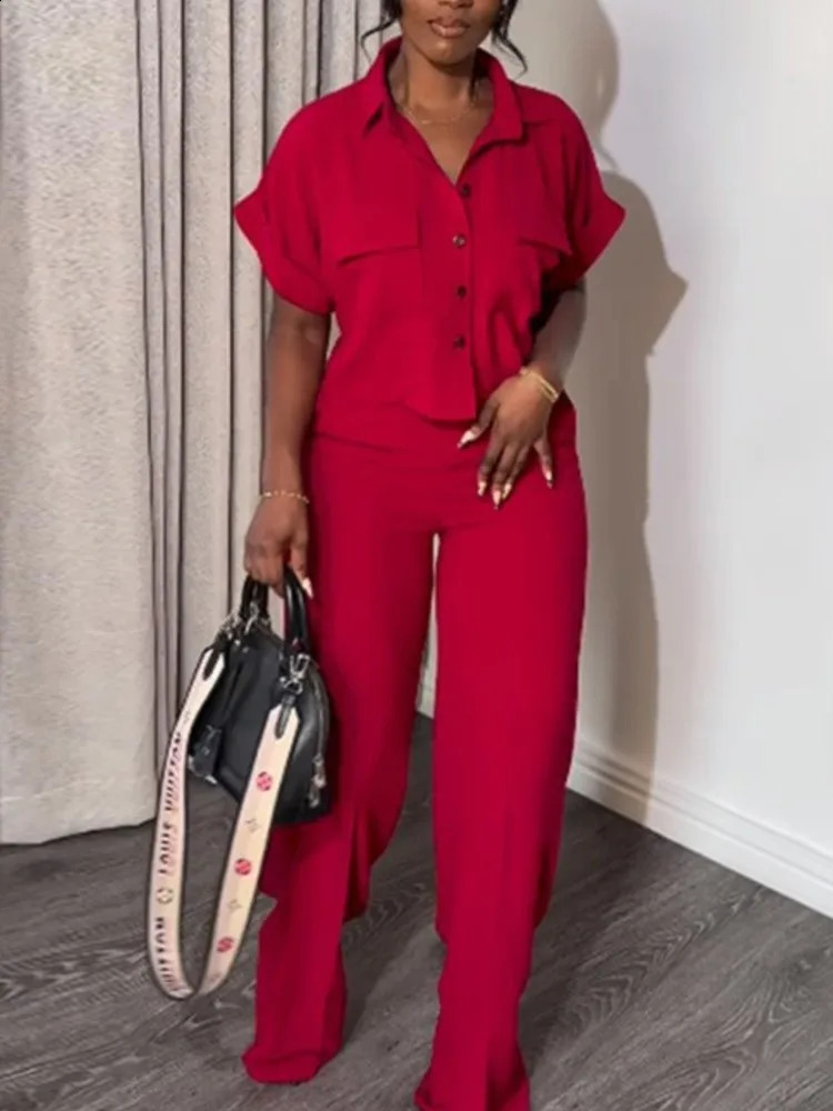 Casual Womens Solid Two Piece Sets Spring Summer Turn-down Neck Short Sleeve Loose Top Wide Leg Pants Set Streetwear Outfits 240813