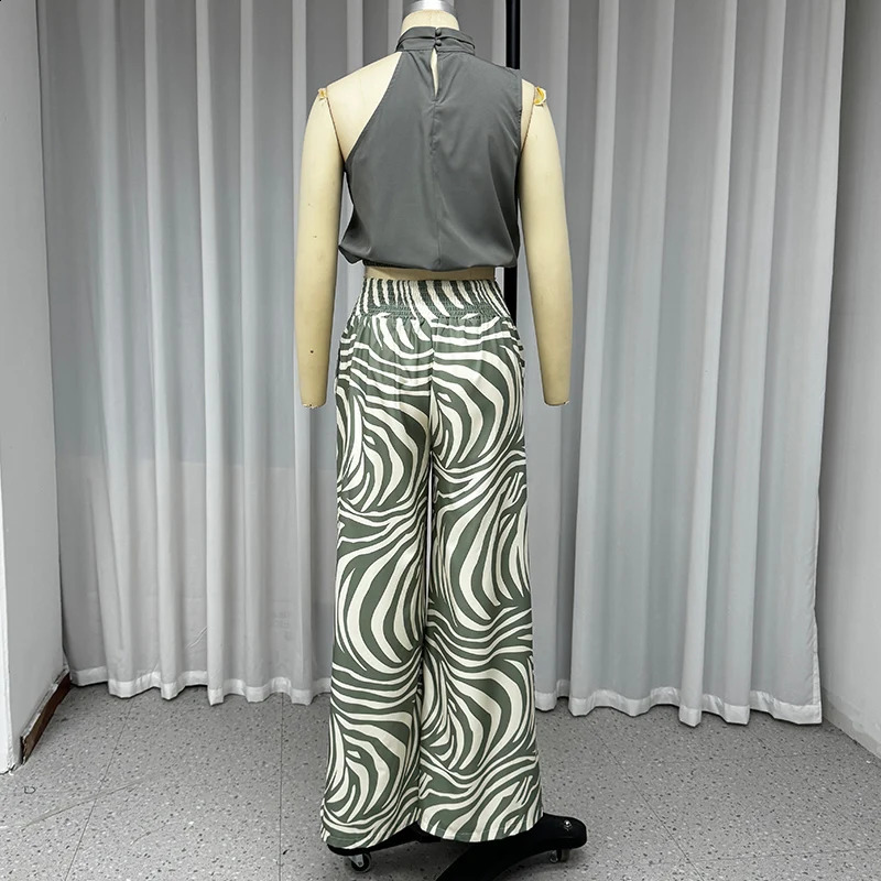 Wefads Women Two Piece Set Summer Casual Solid Halter Neck Sleeveless Irregular Top Printed Loose With Pockets Panst Sets 240813
