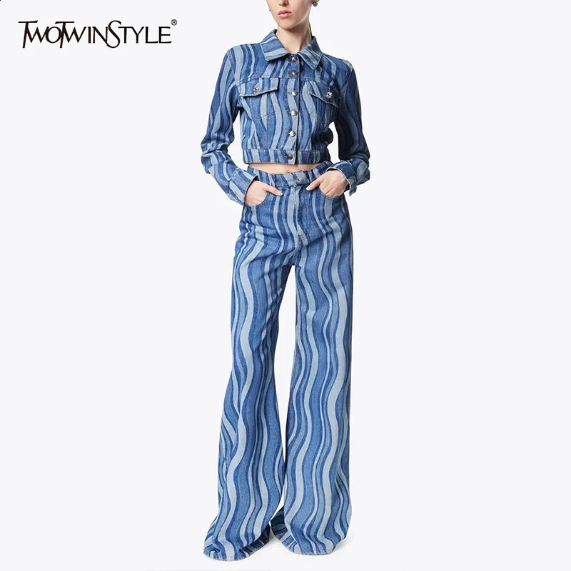 TWOTWINSTYLE Colorblock Denim Two Piece Set For Women Lapel Long Sleeve Coat High Waist Full Length Jeans Streetwear Sets Female 240813