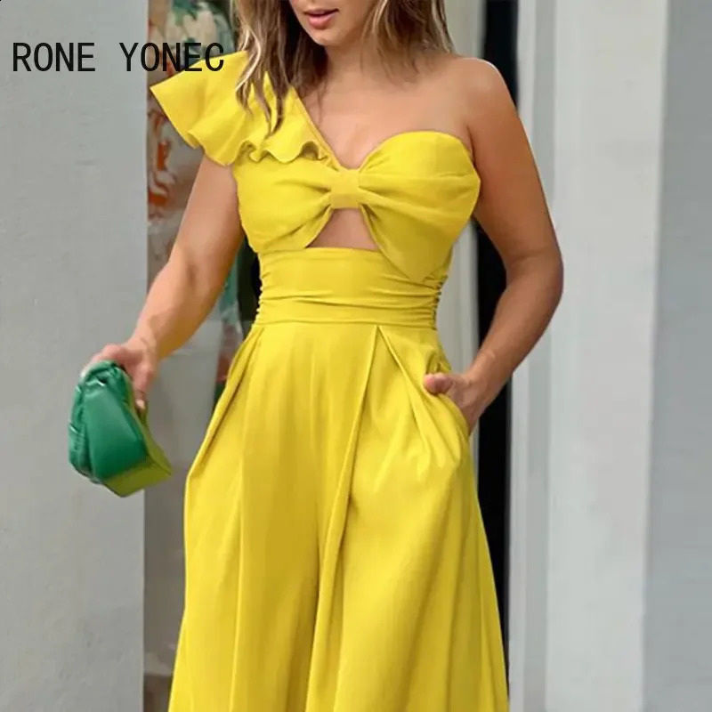 Women Elegant Solid One Shoulder Ruffle Sleeveless Hollow Bow Wide Leg Formal Jumpsuit 240813