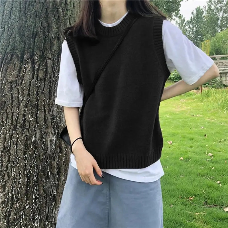 Sweater Vest Women Solid Preppy Style Loose Fit Layering Korean Fashion Knitted All-match Students Casual Spring Simple Mujer 240812