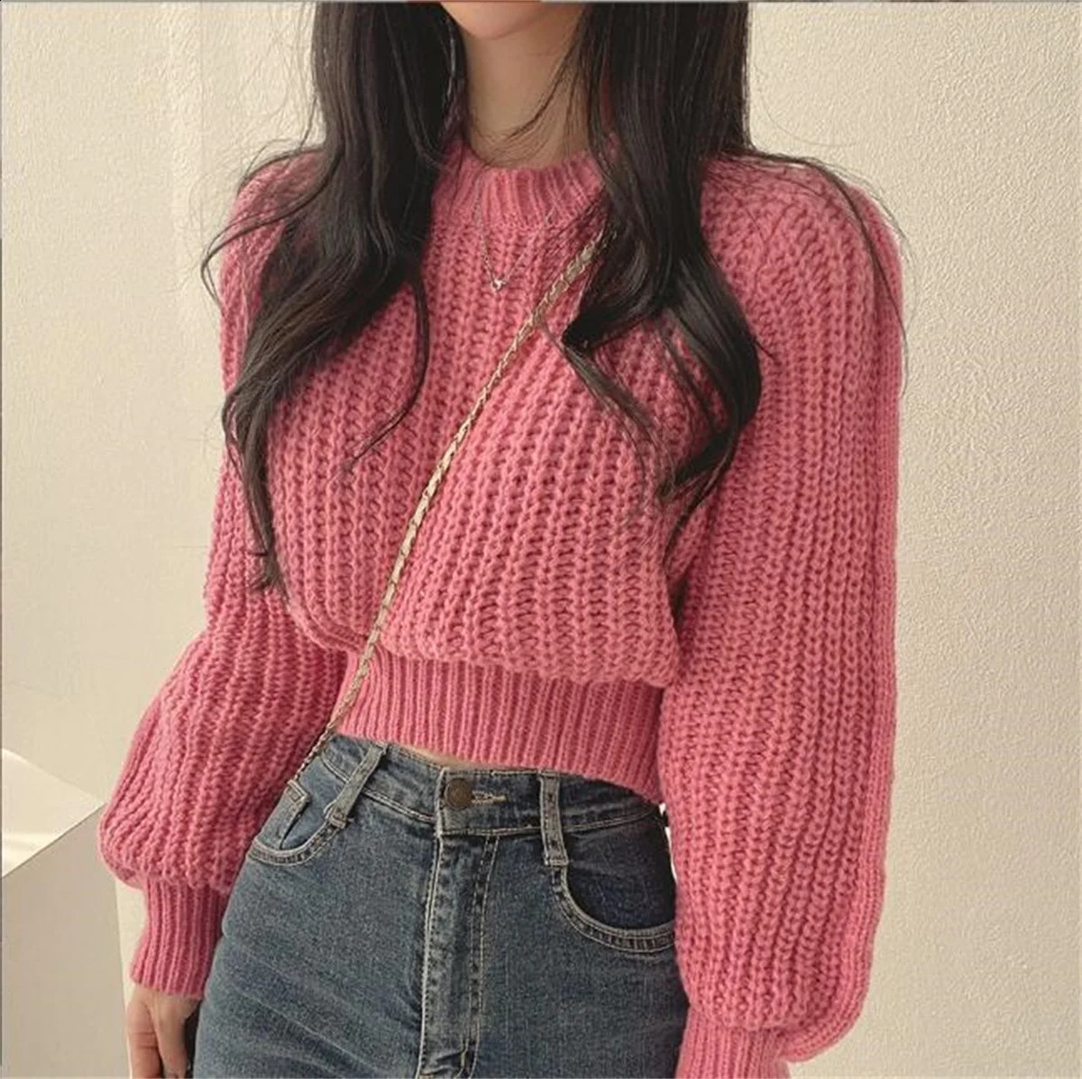 Fluffy sleeve knitted womens retro autumn and winter solid sweater Oneck loose casual top soft chic elegant pullout item 240812