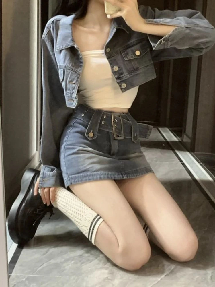 Vintage Denim Suit Woman Slim Casual Short Cardigan Sexy Bodycon Y2k Mini Skirt Elegant Korean Fashion Set 2024 Spring Chic 240812