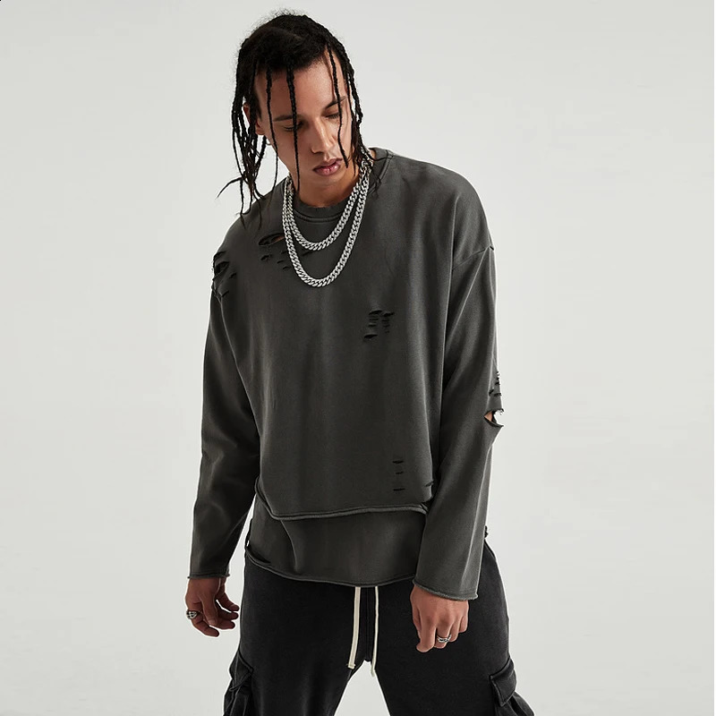 ELKMU Vintage Streetwear Hole Sweatshirt Men Fashion Autumn Two Layers Pullover Solid Color Harajuku Cotton Tops Oversized 240812