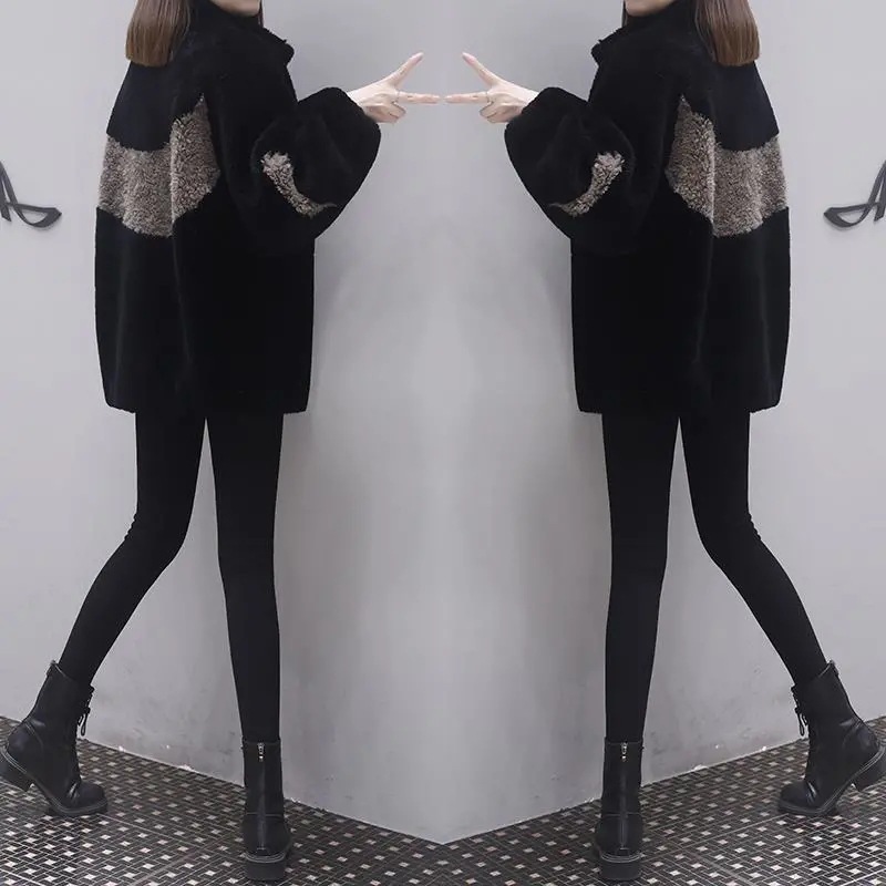 Short Imitation Lamb Wool New Winter Season With Plush Thick Oversized Loose Color Blocked Coat For Women Trend 04913