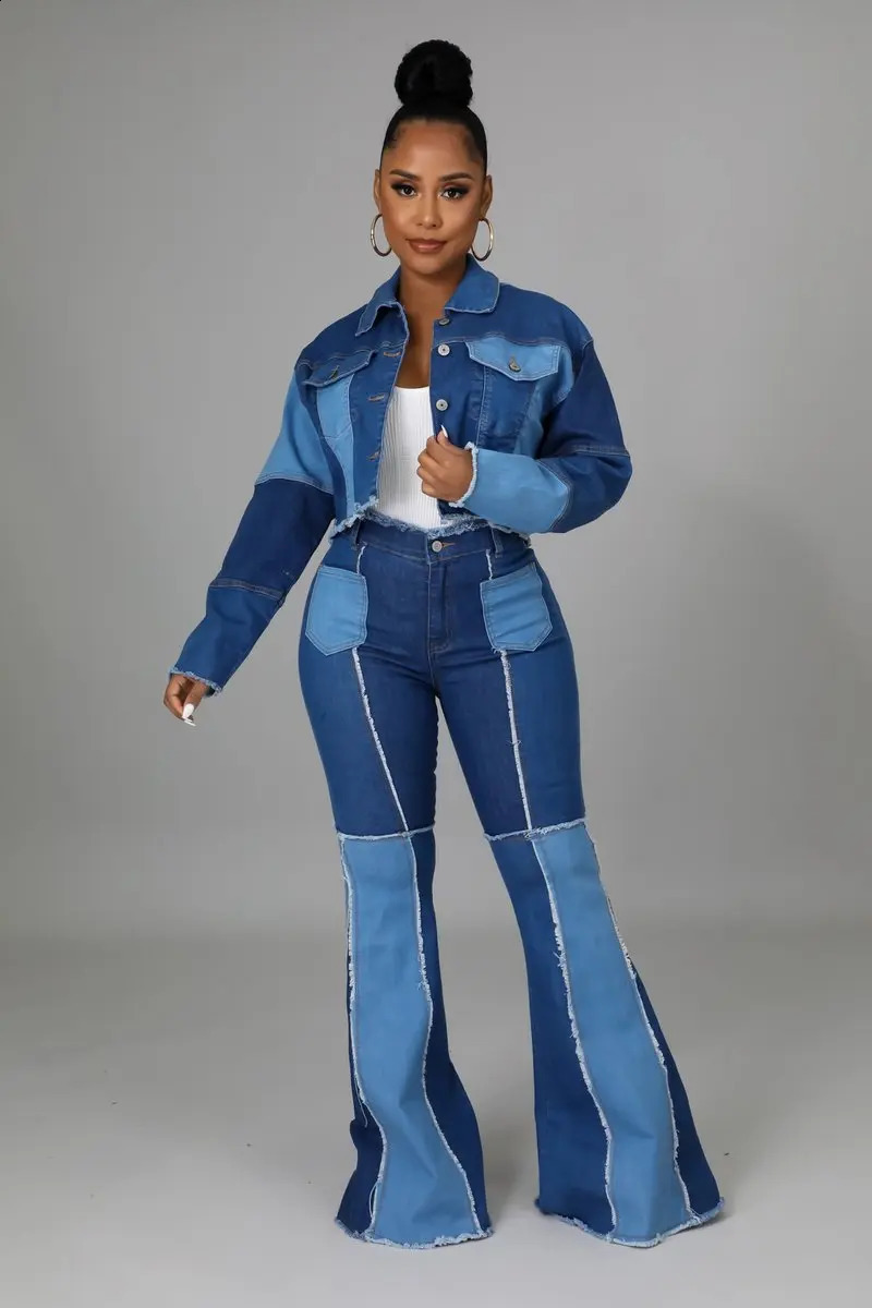 Womens Matching Set Denim Patchwork Vintage Short Jacket and Flare Pant Two Piece Set Outfit Autumn Casual Y2K Fashion Sets 240813