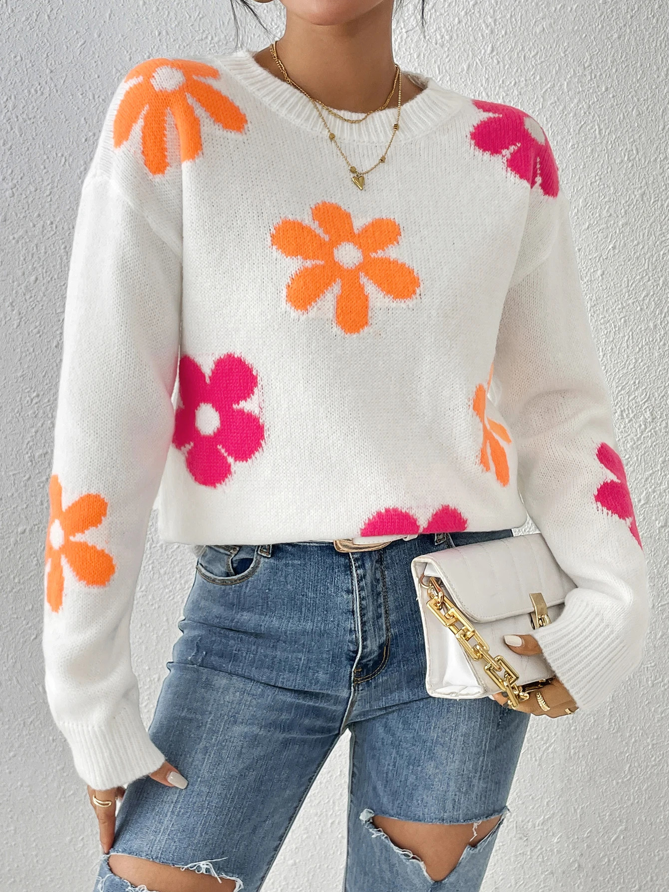 Crew-neck pullover color loose slimming long-sleeved sweater small slim fit top 240813