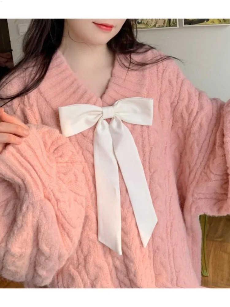 Deeptow Pink Kawaii Pullover Womens V-neck Bow Loose Knitted Sweater Preppy Style Sweet Loose Long Sleeve Autumn Winter 240812