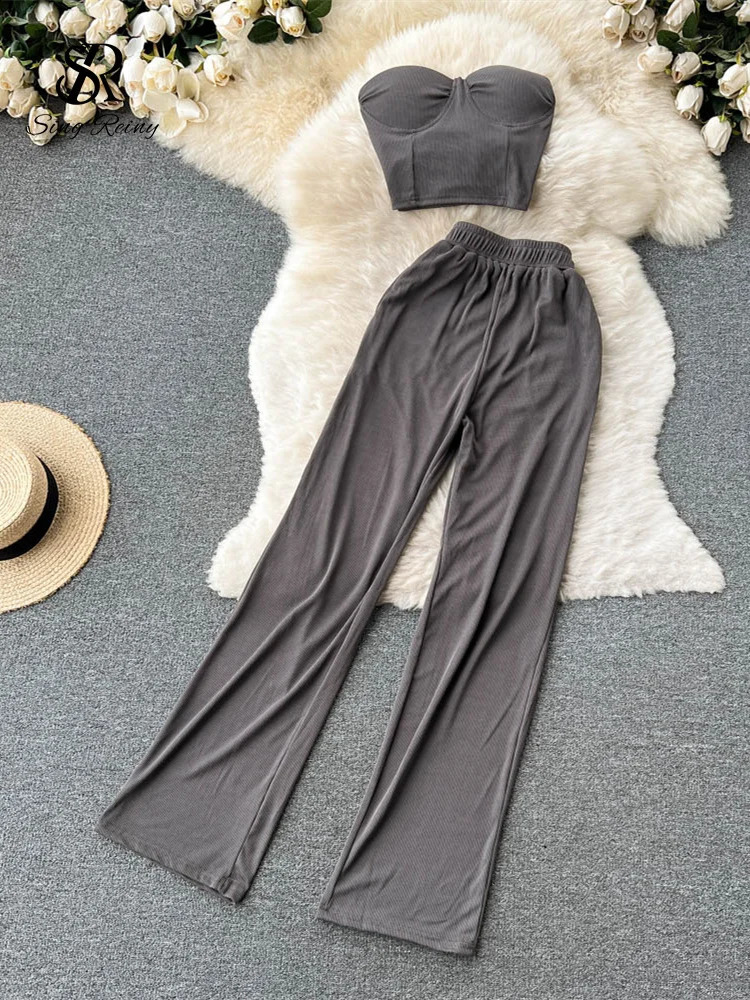 SINGREINY Women Solid Sexy Two Pieces Sets Summer Strapless Slim Camisole Wide Leg Long Pants Sets Streetwear Two Piece Suits 240813