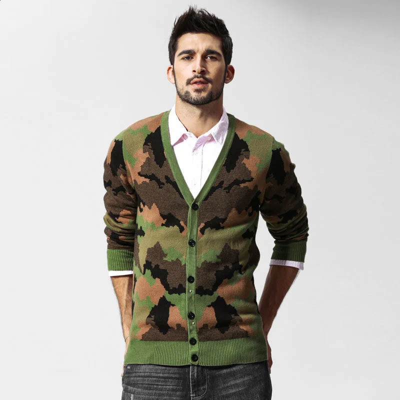 Single Breasted Cotton Camouflage Sweater Vneck Knitted Cardigan Spring Autumn Casual British Style Thin Coats Plus Size 5XL 240813