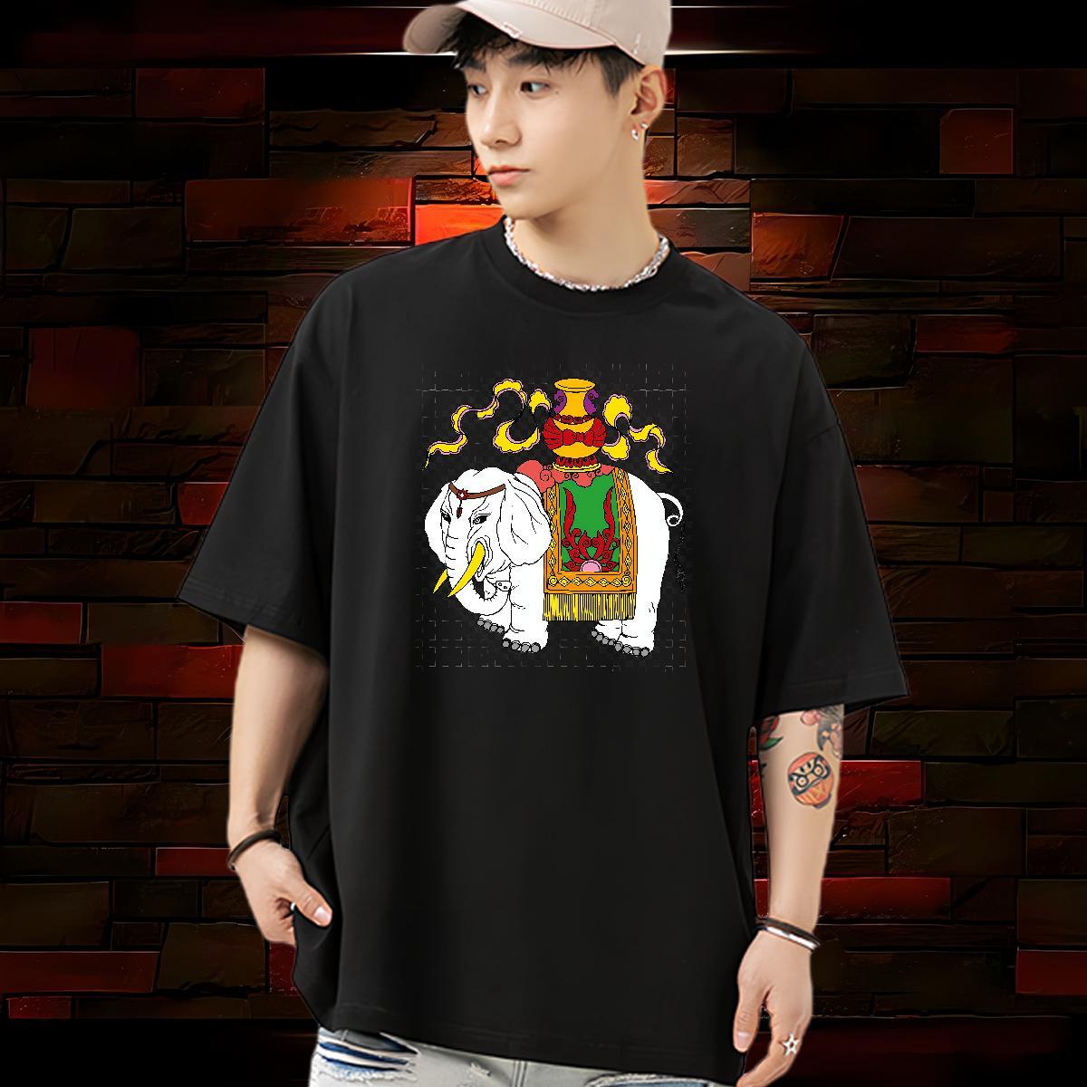 Classic Men Tees elephant Beach 230g 100% Cotton Tees Shirts Round Neck Short Sleeve High Quality Mens T Shirts Anime Print