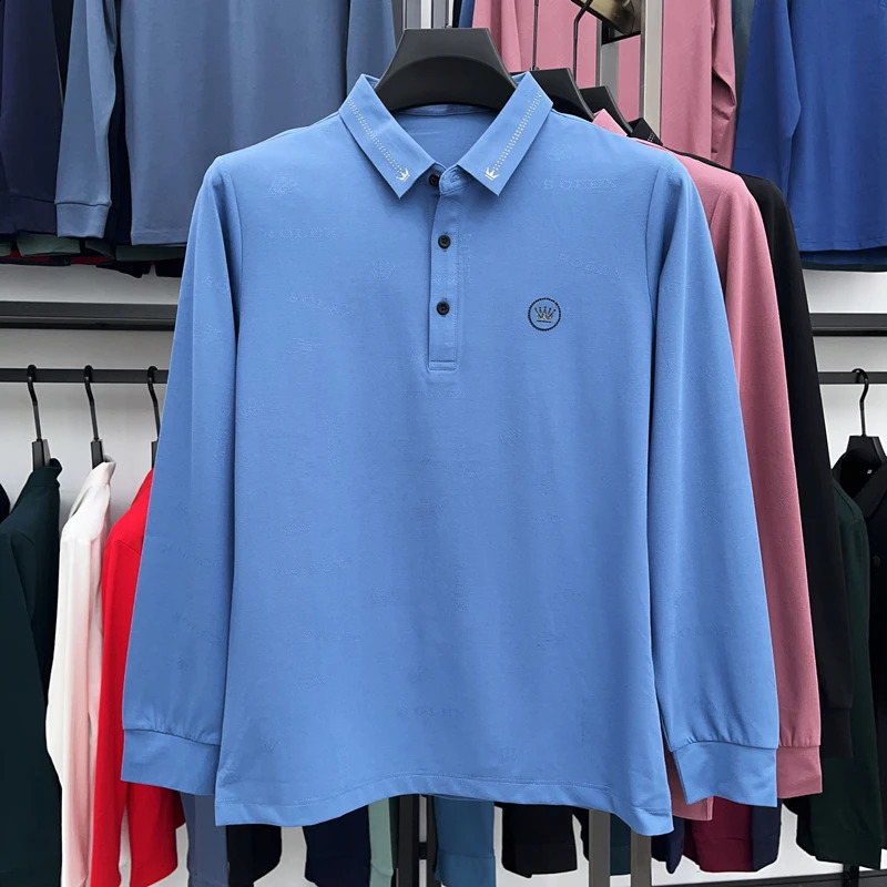 High grade ice silk long sleeve t-shirt mens spring and autumn fashion printed business polo shirt mens casual Lapel top 240820