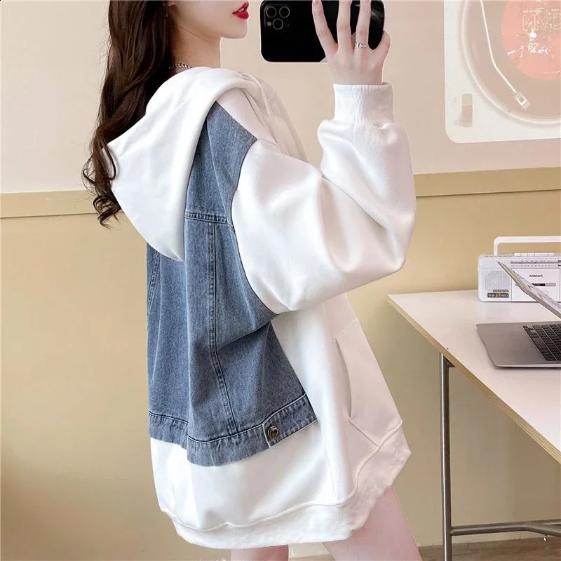 With Zipper Baggy Black Woman Clothing Full Zip Up Hooded Grey Long Splicing Hoodies Womens Sweatshirt Top Loose Matching Kpop 240812