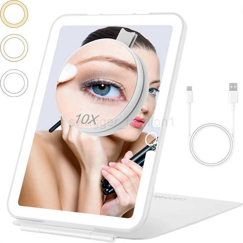 Portable travel USB rechargeable foldable makeup mirror with tri-color LED light Smart touch makeup mirrorXJ240813