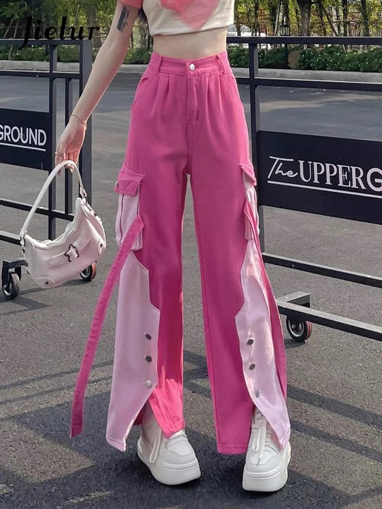 Jielur Pink Autumn Spell Color Straight Jeans High Waist Sexy Y2k Casual Fashion Streetwear Chic Loose Female Cargo Pants 240813