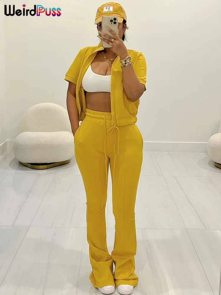 Weird Puss Women Tracksuit Two Piece Set Casual Zip Solid Short Sleeve Waistband TopsFlare Pants Matching Streetwear Outfits 240813