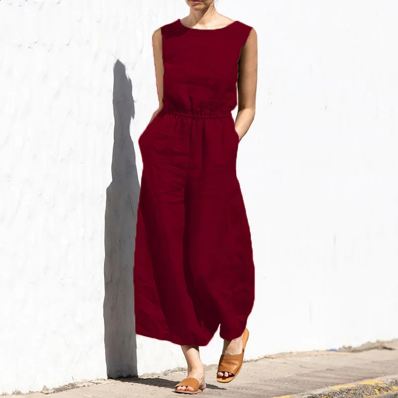 Jumpsuit Women Solid Cotton And Linen Sleeveless Pocket High Waist Wide Legs Jumpsuits Female Casual Commuting Ladies Bodysuits 240813